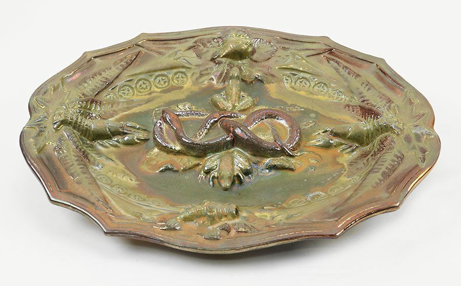 Jerome Massier (French, 1850-1926) A Charger.: Jerome Massier (French, 1850-1926) A Charger. Iridescent ceramic sculpted charger depicts frogs, snakes, shells, and ferns within a recessed oval charger. Reverse is signed "Jerome Massier Fils Vallau