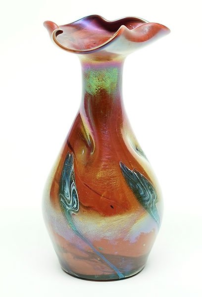 Attributed to Koloman Moser (Austrian, 1868-1918) A: Attributed to Koloman Moser (Austrian, 1868-1918) A Vase. Round bulbous bottom twists and tapers as the neck emerges. Top flares out with three crimps beneath. Marbleized decoration throughout Height: