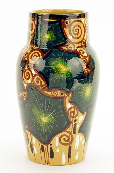 An Italian Palatino ARS Glazed Pottery Vase.: An Italian Palatino ARS Glazed Pottery Vase. Earthenware vase tapers upwards to support the wider shoulders, beneath a round opening. Vase is decorated with blue and green morning glory blossoms, with