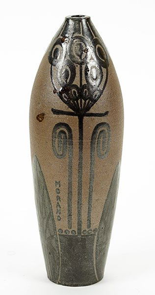 A French Glazed Earthenware Vase.: A French Glazed Earthenware Vase. Depicting black glossy decoration in the form of trees and flora, against a brown ground. Side of vase is signed "Morand". Underside of vase is signed "HD" Height: 7.