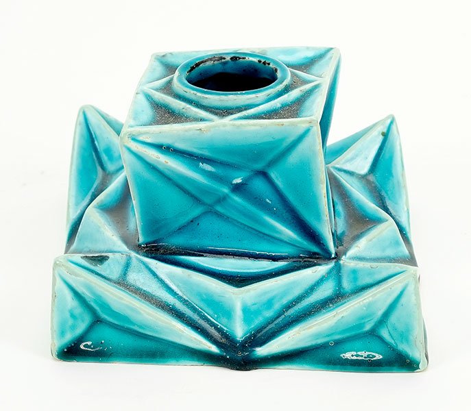 Clement Massier (French, 1844-1917) An Inkwell.: Clement Massier (French, 1844-1917) An Inkwell. Turquoise glazed ceramic inkwell is geometric in shape with a modernist motif. Underside is impressed "Clement Massier Golfe Juan (A.M.). An example of
