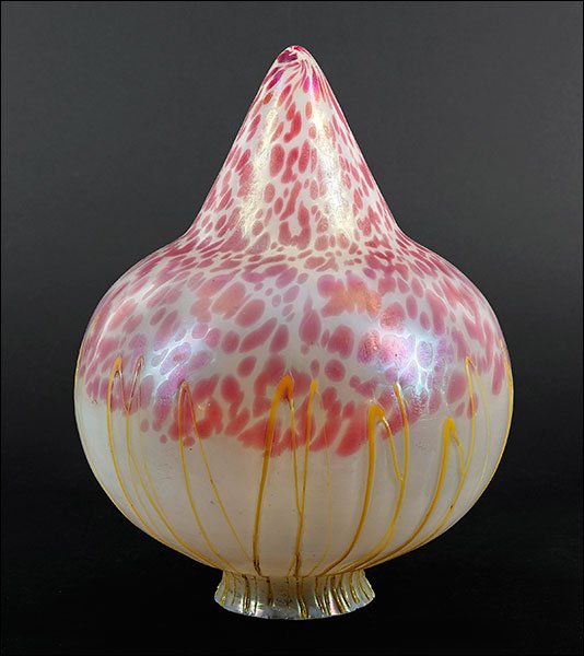 A Czech Glass Shade.: A Czech Glass Shade. Iridescent opalescent shade with pink oil spot decoration at the bottom, with applied yellow drippy enamel decoration over the top half. Shade has been attributed to Loetz or Palm