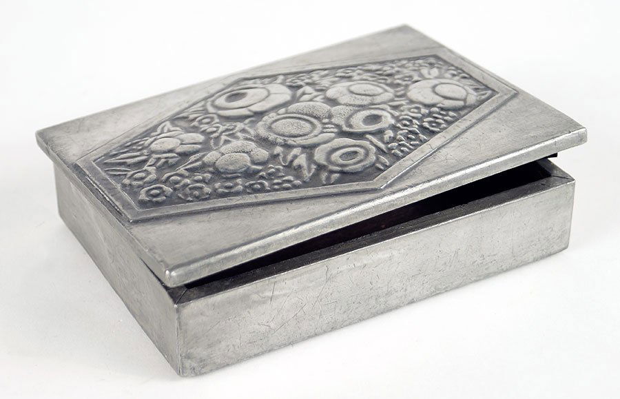An Art Deco French Pewter Box.: An Art Deco French Pewter Box. This is a small floral art deco box of pewter over wood. attributed to Anton, circa 1925 5" x 4" 1.5"