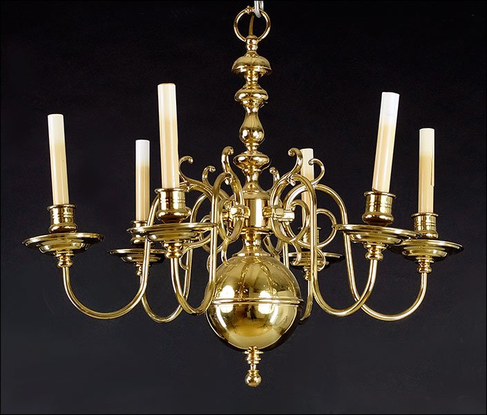A Dutch Baroque Style Brass Six-Light Chandelier. (1 of 1)