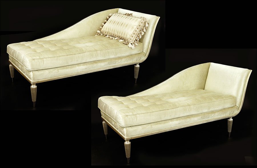 A Pair of Caracole Chaise Lounges.: A Pair of Caracole Chaise Lounges. 'R and R' chaises upholstered in silk velvet and raised on silver gilt frames. Each with one throw pillow 33" x 70" x 32"