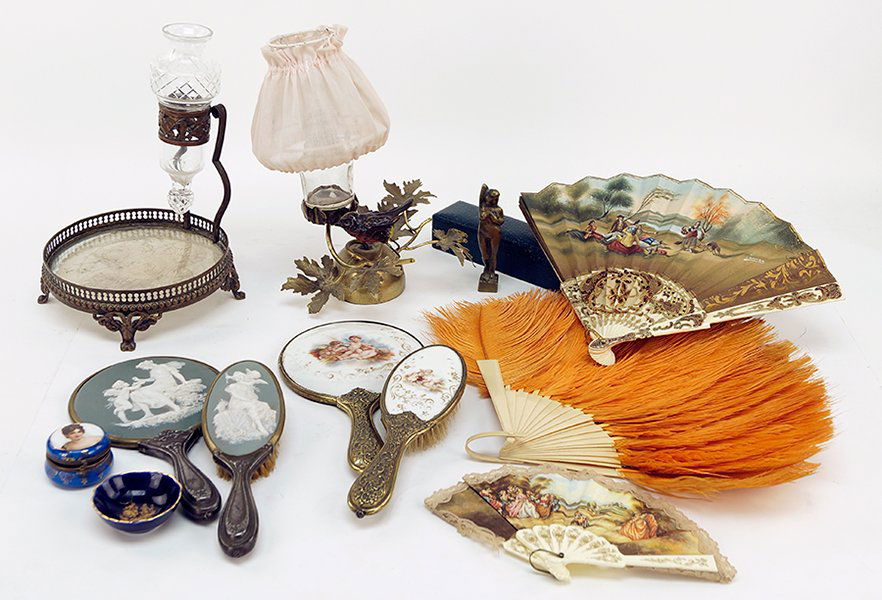 A Collection of Dressing Table Articles.: A Collection of Dressing Table Articles. Comprising two hair brushes, two hand mirrors, one Petites Choses oil lamp, one plateau with attached bud vase, one pill box, one metal figure of a nude maiden