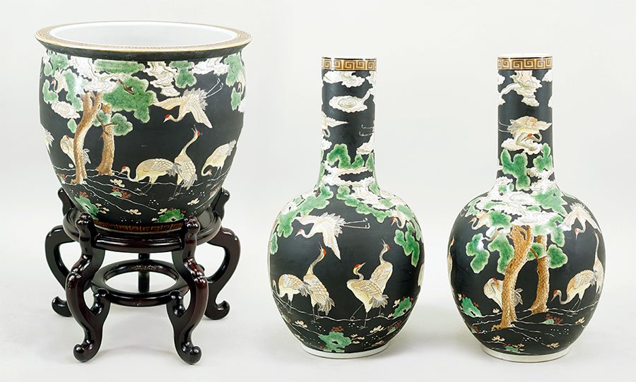 A Pair of Chinese Famille Noire Porcelain Vases.: A Pair of Chinese Famille Noire Porcelain Vases. Together with a similar Chinese famille noire porcelain fish bowl on stand (15" x 16") Vase height: 22"
