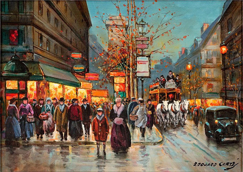 In The Style of Edouard Cortes (French, 1882-1969): In The Style of Edouard Cortes (French, 1882-1969) Street Scene. Oil on canvas Canvas: 13" x 18" Frame: 19.5" x 24.5"