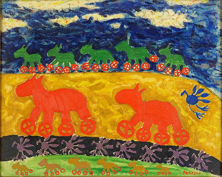 Dennis Pearson (B. 1939) Animal Parade.: Dennis Pearson (B. 1939) Animal Parade. Oil on canvas. Signed "Pearson" in lower right corner. Additionally signed and dated "D. Pearson 1966" on the stretcher Canvas: 17" x 21"