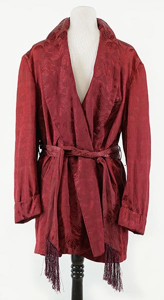 A Men's Rabhor Smoking Jacket.: A Men's Rabhor Smoking Jacket. Cranberry colored silk blend jacket Approximate Size: L