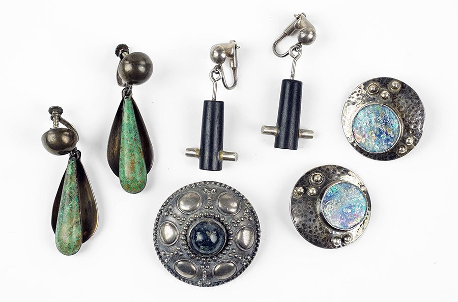 A Pair Of Modernist Gra-Lok Sterling Silver And: A Pair Of Modernist Gra-Lok Sterling Silver And Ebonized Wood Earclips. Together with a pair of sterling silver and stone screwback drop earrings, an additional pair of Modernist sterling silver and g