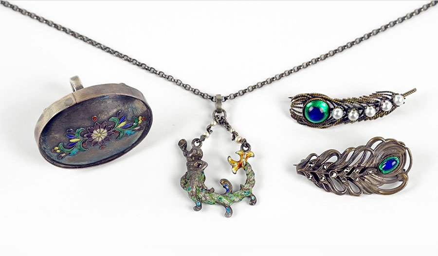 An Enamel And Seed Pearl Pendant Necklace.: An Enamel And Seed Pearl Pendant Necklace. Together with an enamel and marcasite feather brooch, an enamel and cultured pearl feather brooch, and an enameled metal ring Necklace Chain: 18" Pendant: 2"