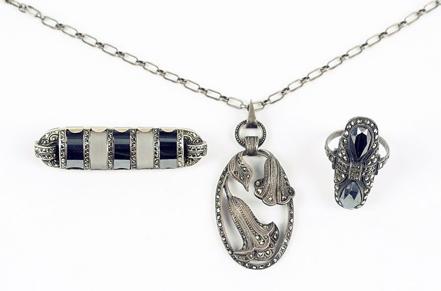 A Theodor Fahrner Hematite, Marcasite, And Silver Bar: A Theodor Fahrner Hematite, Marcasite, And Silver Bar Pin. Stamped '935' and Theodor Fahrner maker's mark on reverse. Together with a hematite and marcasite ring and an Art Nouveau marcasite and silve