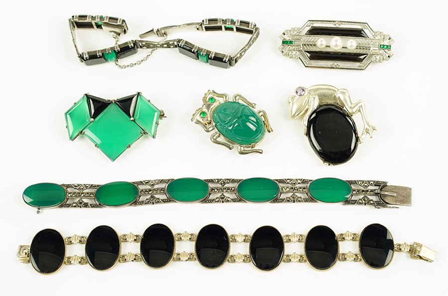 A Green Onyx, Black Onyx, Marcasite, And Silver: A Green Onyx, Black Onyx, Marcasite, And Silver Bracelet. Four links containing two black onyx stones and one green onyx stone alternate with silver and marcasite links, stamped 935 on clasp. Together