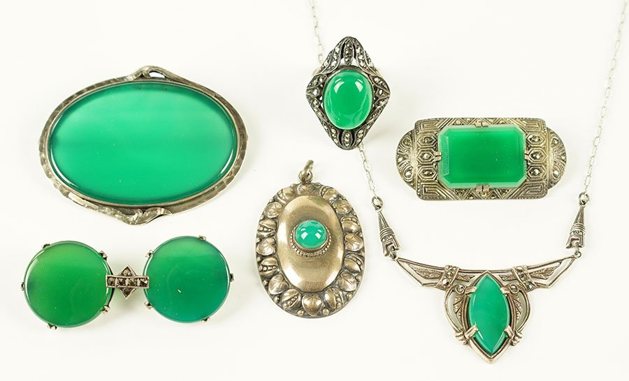An Art Metal Studios Green Onyx And Sterling Silver: An Art Metal Studios Green Onyx And Sterling Silver Brooch. Together with a German green onyx, marcasite, and sterling silver necklace, two German green onyx, marcasite, and sterling silver brooches, 