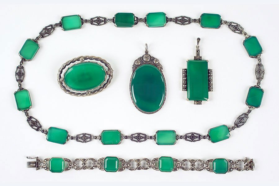 A Green Onyx, Marcasite, And Sterling Silver Necklace. (1 of 1)