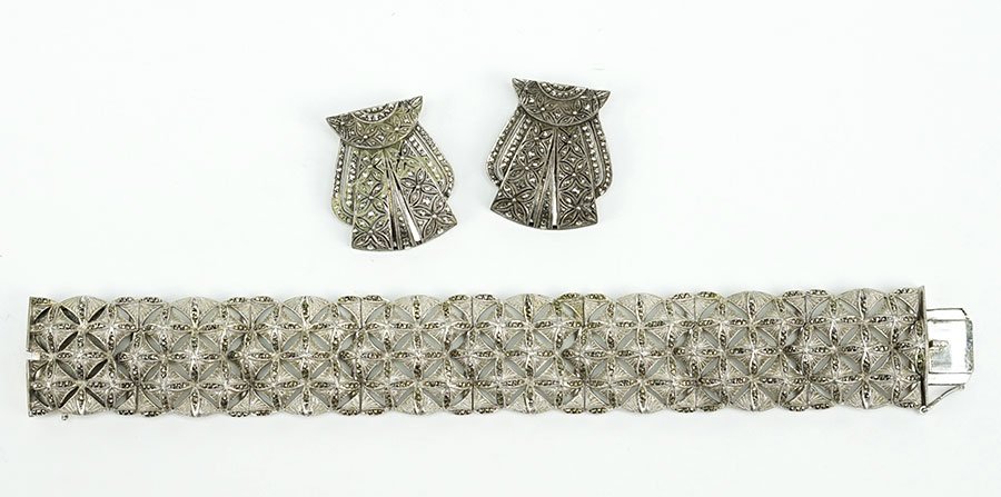 A Theodor Fahrner Marcasite And Sterling Silver: A Theodor Fahrner Marcasite And Sterling Silver Bracelet. Stamped '925' and maker's mark on clasp. Inscribed 'To my love on our 21st wedding anniversary' on clasp. Together with a pair of Theodor Fahr