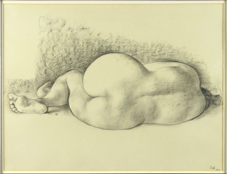 Francisco Zuniga (Mexican, 1912-1998) Reclining Female: Francisco Zuniga (Mexican, 1912-1998) Reclining Female Nude. Charcoal drawing on paper. Signed and dated 1970 LR. Bearing B. Lewin Galleries label en verso Sight: 19" x 25" Frame: 27.5" x 33.5"