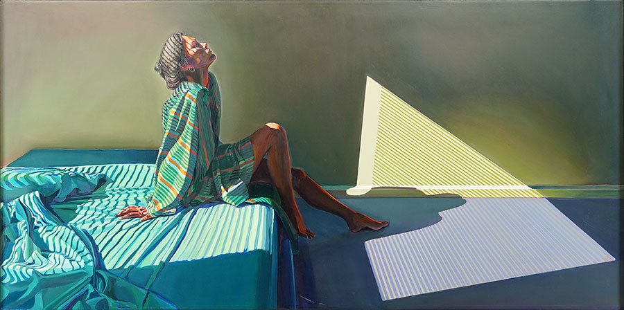 Brian Curtis (Contemporary) Danae.: Brian Curtis (Contemporary) Danae. Oil on masonite. Signed and dated "B. Curtis 85" en verso. Additionally bearing a label with title en verso Masonite: 24" x 48"