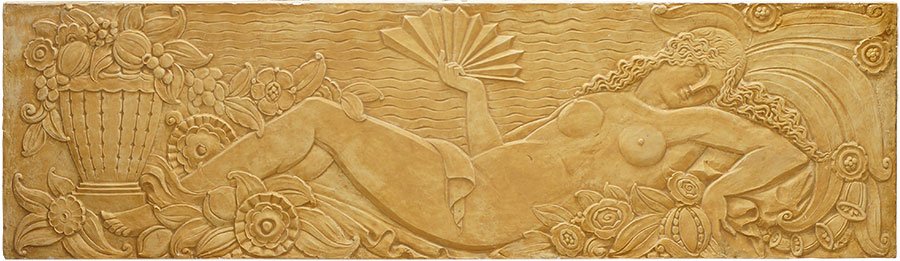 A WPA Style Plaster Architectural Element.: A WPA Style Plaster Architectural Element. Depicting a recumbent nude maiden 98" x 28"