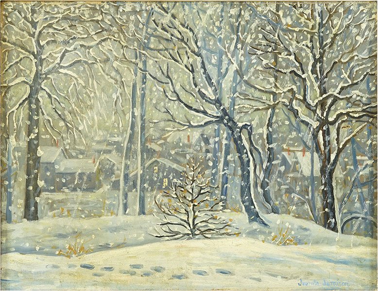 Juanita Jamison (American, 20th Century) Snowfall.: Juanita Jamison (American, 20th Century) Snowfall. Oil on canvas, signed LR Canvas: 14" x 18" Frame: 19" x 23"