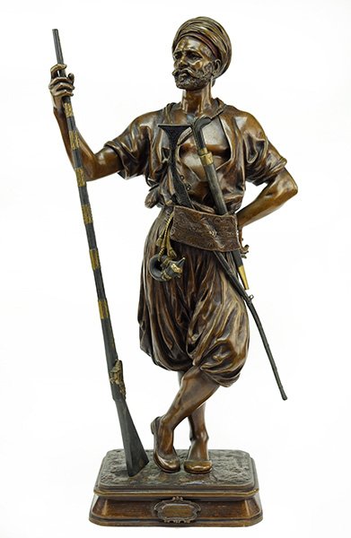 Jean Didier Debut (French, 1824-1893) Janissaire.: Jean Didier Debut (French, 1824-1893) Janissaire. Patinated bronze sculpture. Signed "D. Debut" along the base. Back of base bears a French foundry mark Height: 25"