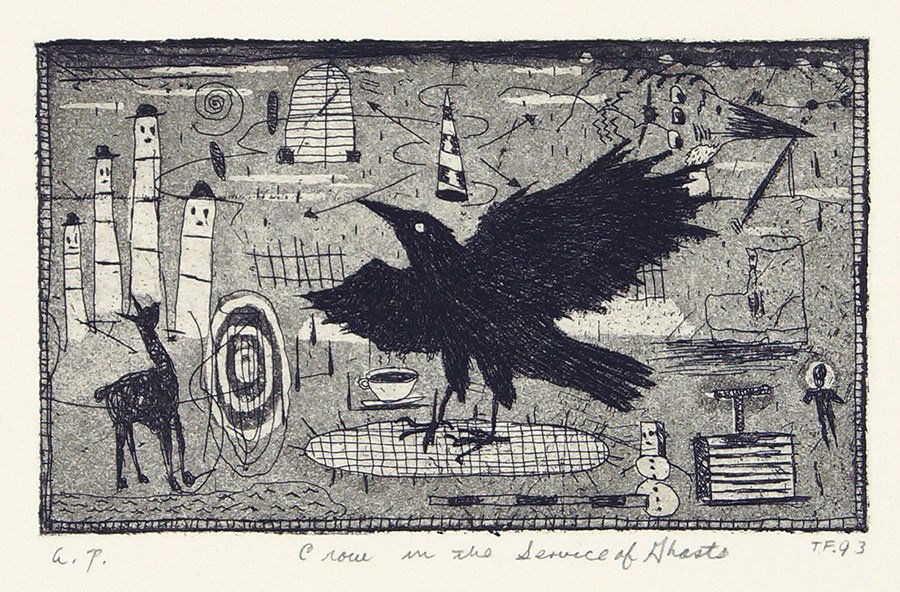 Tony Fitzpatrick (American, B. 1958) Crow in the: Tony Fitzpatrick (American, B. 1958) Crow in the Service of Ghosts. Etching and aquatint, 1993, pencil initialed, titled, and inscribed 'A.P' Plate: 3" x 5"