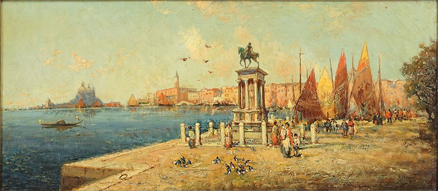 Nicholas Briganti (1861-1944) View of Venice.: Nicholas Briganti (1861-1944) View of Venice. Oil on canvas on board. Signed "N. Briganti" in lower right corner Board: 18" x 40"