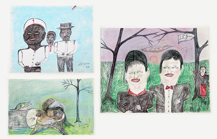 Shields Landon Jones (American, 1901-1997) African: Shields Landon Jones (American, 1901-1997) African Americans. Ink and colored crayons on paper, dated 1992, and signed LR. Together with a triple portrait and 'Squirrels' 14" x 17"