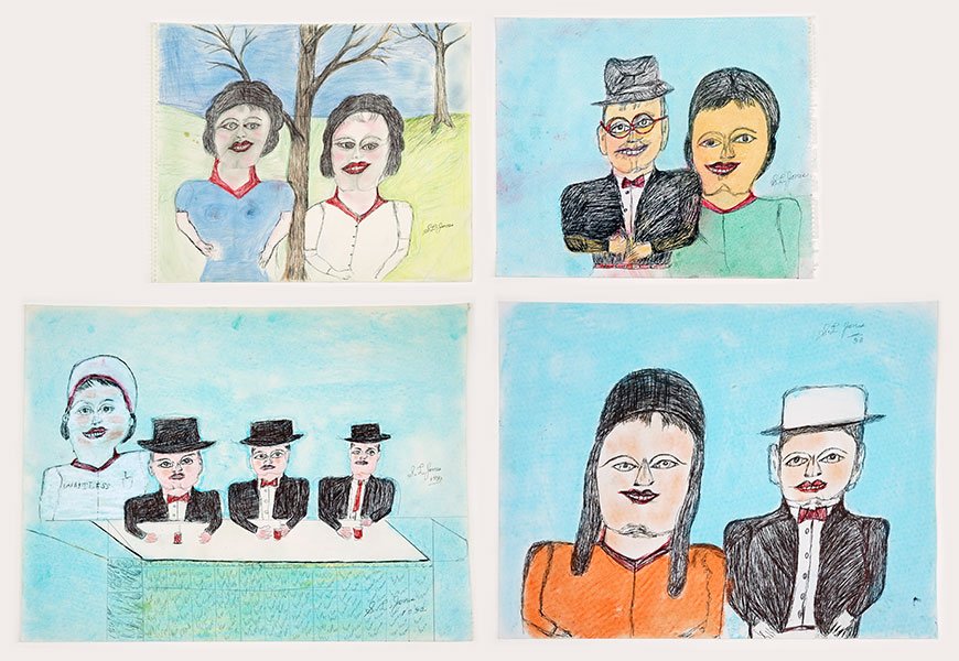Shields Landon Jones (American, 1901-1997) Men in a: Shields Landon Jones (American, 1901-1997) Men in a Diner. Ink, pencil, and colored crayons on paper, 1992, signed twice at right. Together with three double portraits, each signed 18" x 23.5"