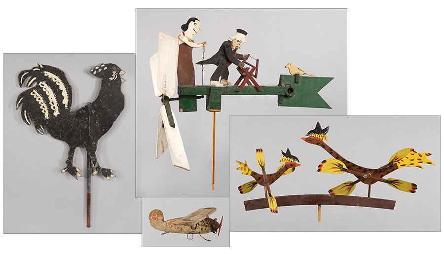 A Collection of Outdoor Folk Art.: A Collection of Outdoor Folk Art. Comprising a carved and painted wood 'wood cutter' whirl-a-gig, a carved and painted wood whirl-a-gig with two birds, a carved and painted wood airplane. and a painte