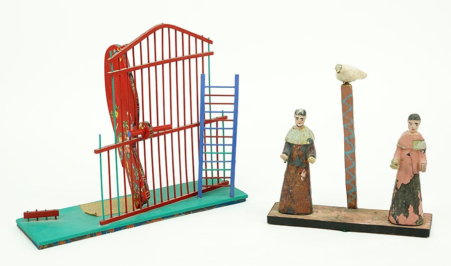 Caroline Beckett (Contemporary) The Caged Bird.: Caroline Beckett (Contemporary) The Caged Bird. Folk art sculpture comprised of painted wood and metal. Underside is signed and dated. Together with an early 20th Century painted wood devotional figur