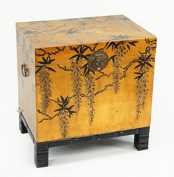 A Chinese Lacquered and Painted Chest on Stand.