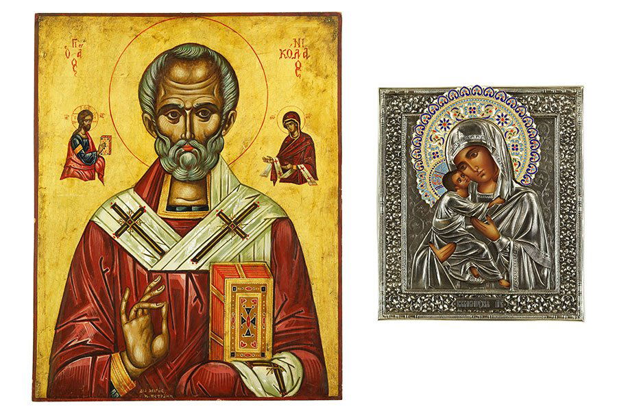 A Russian Painted Wood Icon of St. Nicholas. (1 of 10)