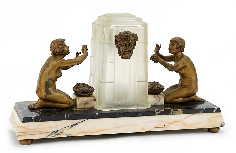 A French Sabino Art Deco Table Lamp.: A French Sabino Art Deco Table Lamp. Comprising marble veneer with two patinated figures of nude maidens each with a basket of flowers, on either side of a Sabino frosted glass shade Overall: 9" x 15.