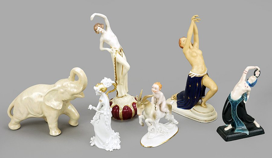 A Bjorn Wiinblad for Rosenthal Porcelain Figure.: A Bjorn Wiinblad for Rosenthal Porcelain Figure. Together with three Art Deco style porcelain figures of partially nude women, a ceramic elephant, and a German porcelain figure of a child riding a goa