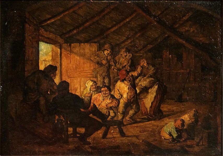 School Of Adriaen Van Ostade (Dutch, 1610-1685): School Of Adriaen Van Ostade (Dutch, 1610-1685) Peasants Dancing. Oil on panel Panel: 6.25" x 10.25" Frame: 13.25" x 16.25"