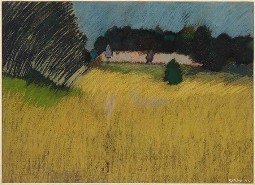 Leon Goldin (American, 1923-2009) Trees On A HIll.: Leon Goldin (American, 1923-2009) Trees On A HIll. Pastel on paper. Signed and dated '62 LR. Bearing a Kraushaar Galleries, NY label en verso Sight: 18.75' x 25.75" Frame: 26.75" x 33.75"