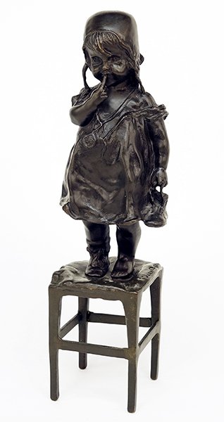 Juan Clara (Spanish, 1875-1958) Little Girl on a Stool.: Juan Clara (Spanish, 1875-1958) Little Girl on a Stool. Patinated bronze sculpture, signed within the top of the stool Height: 11.75"