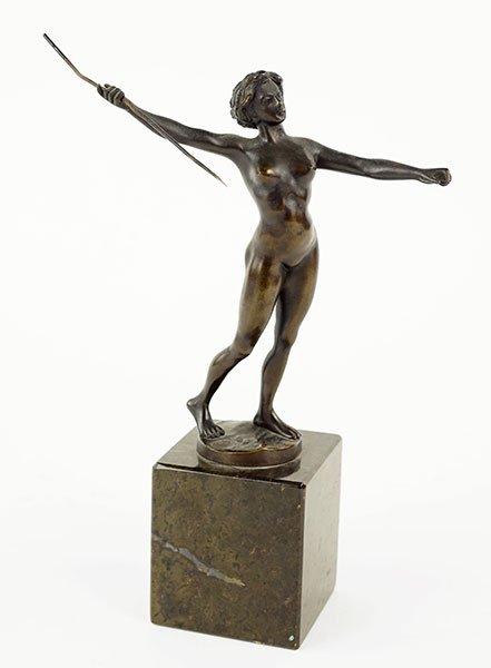 Rudolf Kuchler (Austrian, 1867-1954) Nude Maiden With: Rudolf Kuchler (Austrian, 1867-1954) Nude Maiden With Spear. Patinated bronze figure. Base is signed "Kuchler", and bears a "Vrais Bronze" foundry mark. Raised on a 3" marble base Bronze height: 7.5"