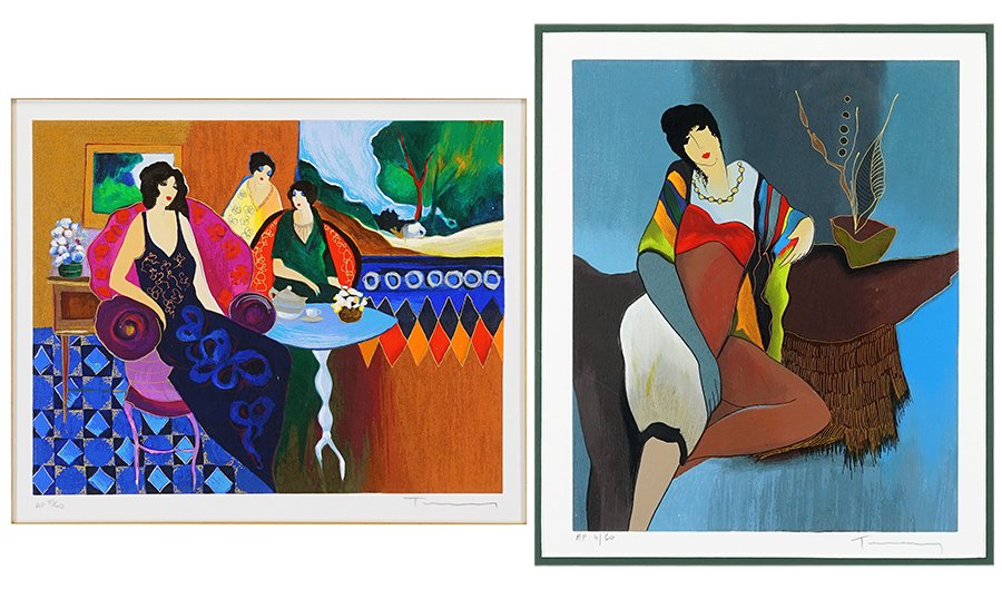 Itzchak Tarkay (Israeli, 1935-2012) Two Color: Itzchak Tarkay (Israeli, 1935-2012) Two Color Serigraphs. Comprising 'Parlor Poses' and 'Annie Awaits'. Each is pencil signed lower right and numbered AP 35/40 and AP 4/60, respectively Larger Plate: 