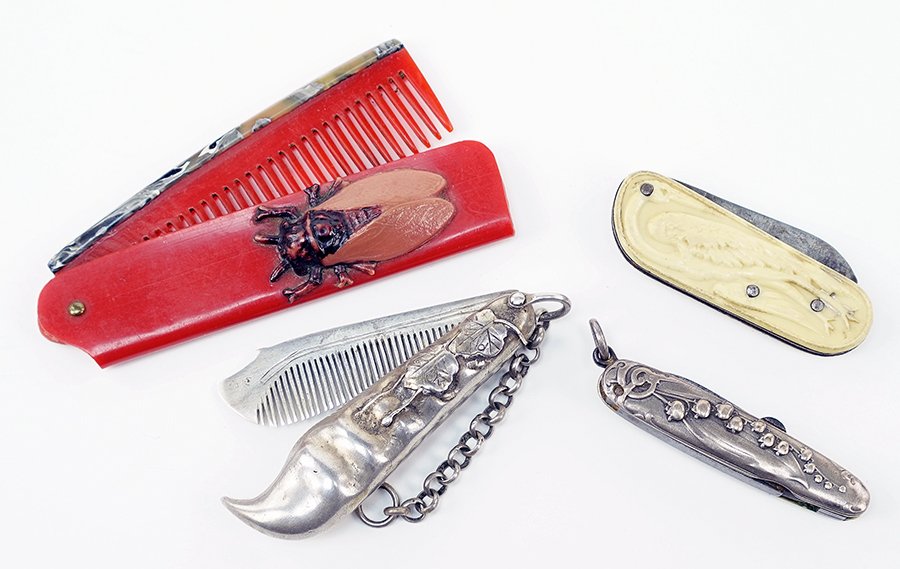 A Bone Veneer Pocket Knife.: A Bone Veneer Pocket Knife. Together with a pocket knife decorated with lily of the valley along the exterior, a bakelite folding hair comb, and a silver case pocket knife with leaves along the exteri