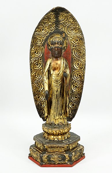 A Late 18th Century Ebonized and Gilt Wood Buddha.: A Late 18th Century Ebonized and Gilt Wood Buddha. Height: 28"