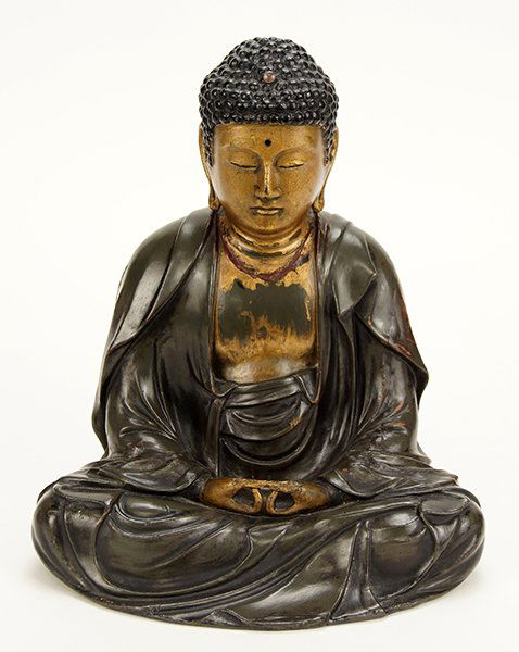 A Japanese Meiji Period Lacquered Wood and Gilt Figure: A Japanese Meiji Period Lacquered Wood and Gilt Figure of Amida Buddha. Seated Buddha is draped in flowing robes with a gilt body Height: 10.5"