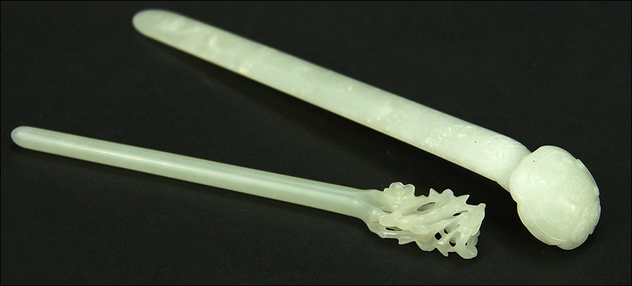 Two Chinese Carved White Jade Hairpins. (1 of 1)
