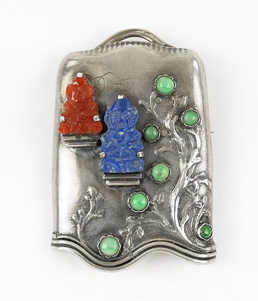 A Lapis, Carnelian, And Glass Brooch/Pendant.: A Lapis, Carnelian, And Glass Brooch/Pendant. Contianing one carved lapis and one carved carnelian, each depicting a seated figure. Tree form adjacent to figures contain seven green cabochon glass bea