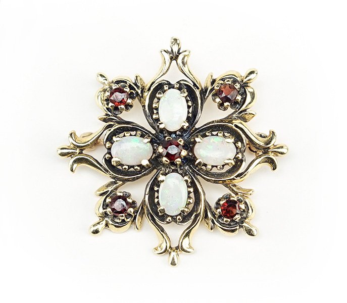 An Opal, Garnet and 14 Karat Yellow Gold Snowflake (1 of 1)