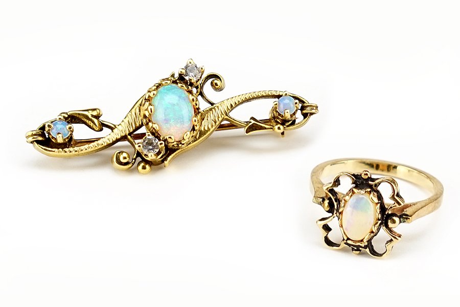 An Opal, Diamond and 14 Karat Yellow Gold Brooch. (1 of 1)
