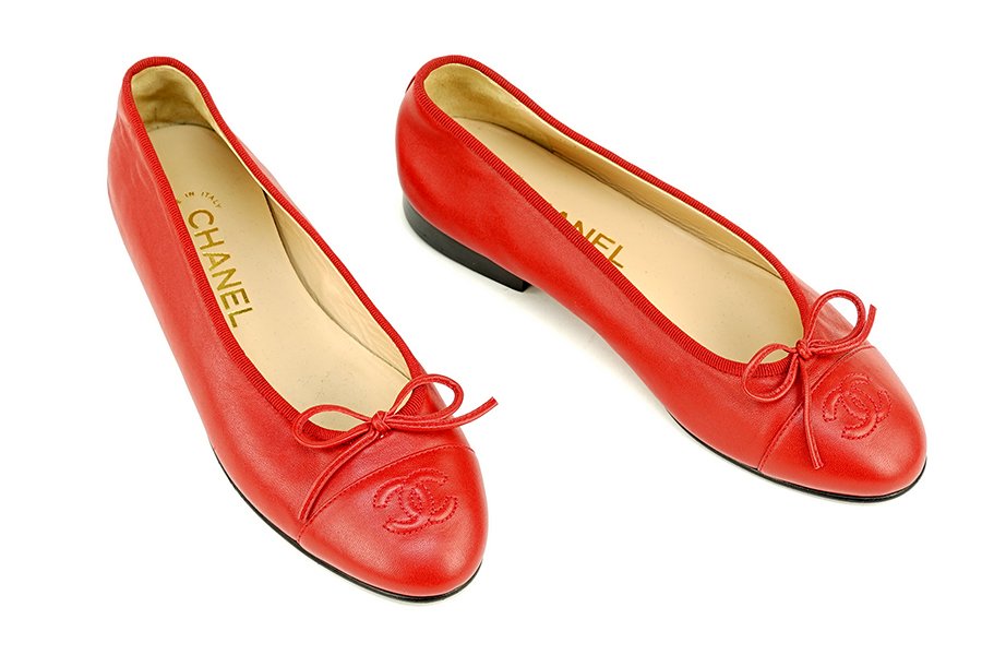 A Pair Of Chanel Red Leather Ballet Flats. (1 of 1)