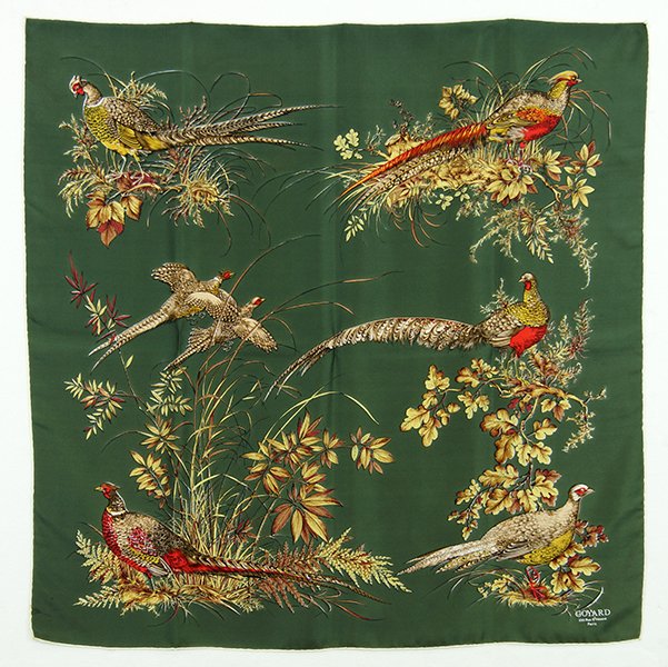 A Goyard Silk Scarf.: A Goyard Silk Scarf. Depicting pheasants and foliage on a green ground. Signed 'Goyard 233. Rue St Honore Paris' on lower right corner 33" x 33"